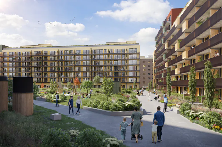 Illustrasjon av gårdsrommene på Ulvenplassen. Illustrasjon: Sweco/Blår