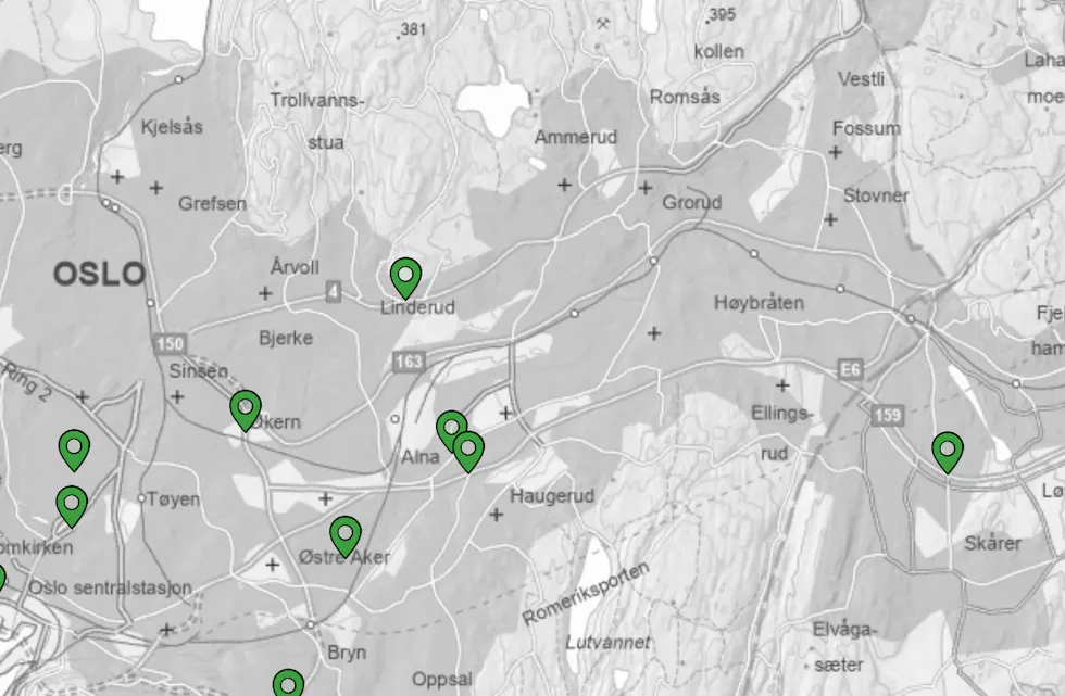 Målestasjoner for luftkvalitet i Groruddalen. Skjermdump fra Miljødirektoratet.