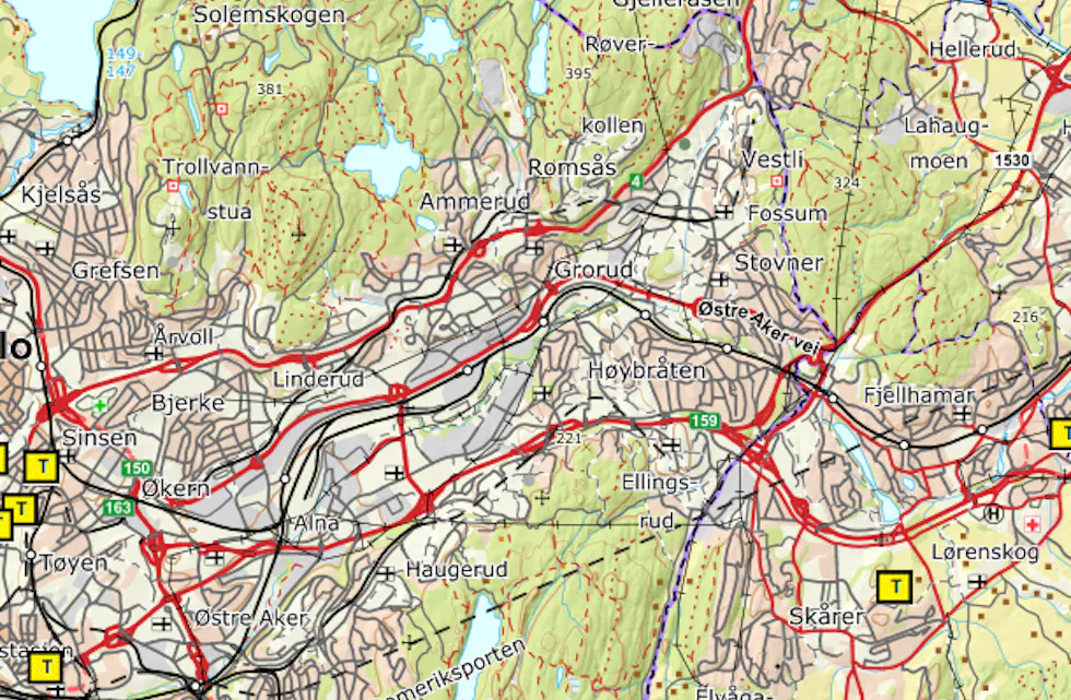 TOMT I GRORUDDALEN: Denne oversikten viser den totale mangelen på offentlige tilfluktsrom i Groruddalen. Illustrasjonen er hentet fra dsb.no.