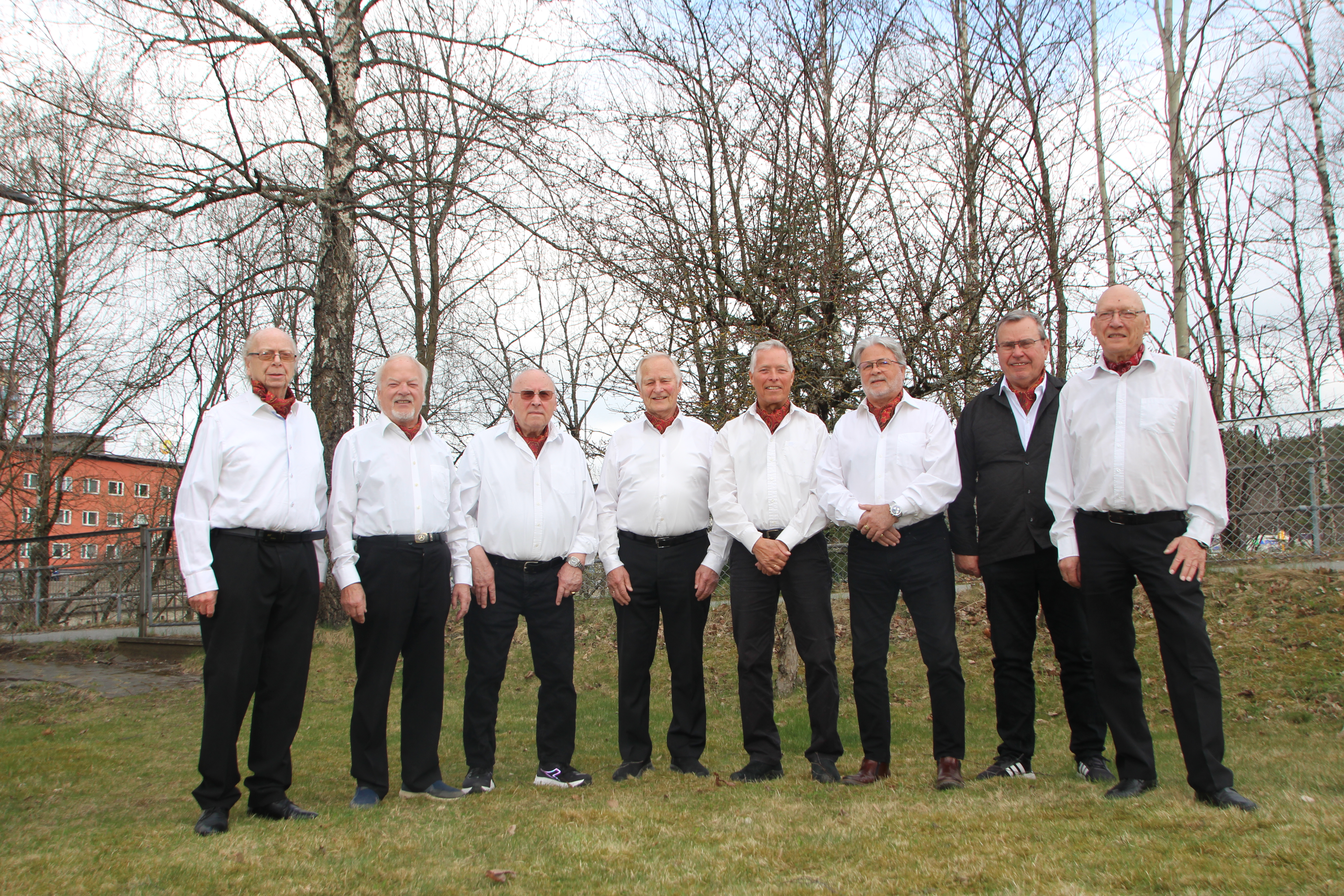 SANGGLEDE PÅ HØYT NIVÅ: Bryn og Grorud Mannskor samler korene til treff. Fra venstre: Knut Wilhelmsen, Erling Romsås, Laszlo Horvath, Åge Skogheim, Viggo Arbøll, Arild Hjelvin, Per Søgård og Per-Erik Nytorpet. 