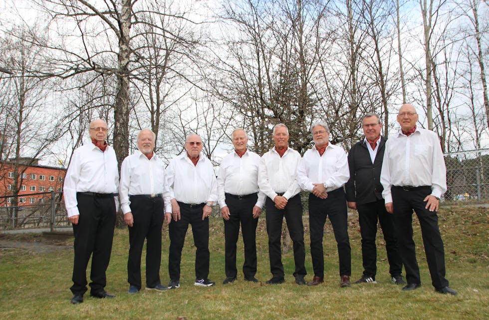 SANGGLEDE PÅ HØYT NIVÅ: Bryn og Grorud Mannskor samler korene til treff. Fra venstre: Knut Wilhelmsen, Erling Romsås, Laszlo Horvath, Åge Skogheim, Viggo Arbøll, Arild Hjelvin, Per Søgård og Per-Erik Nytorpet.