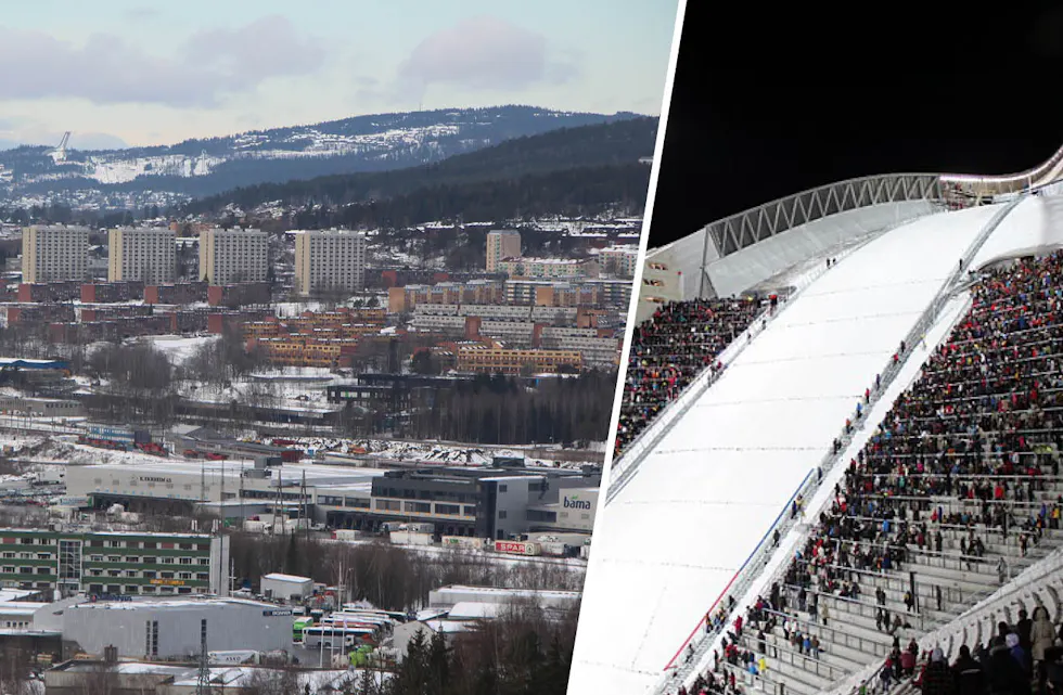 TO SIDER AV SAMME BY: Til venstre ser vi Groruddalen, preget av høyblokker og tett bebyggelse – et område hvor helseutfordringer og levekårsforskjeller er større enn i andre deler av byen. I bakgrunnen skimter vi Holmenkollen, et symbol på Oslo vest – kjent for høyere inntektsnivå, bedre helse og lengre levealder. Det markante øst-vest-skillet i Oslo viser seg tydelig både i bybildet og statistikken.