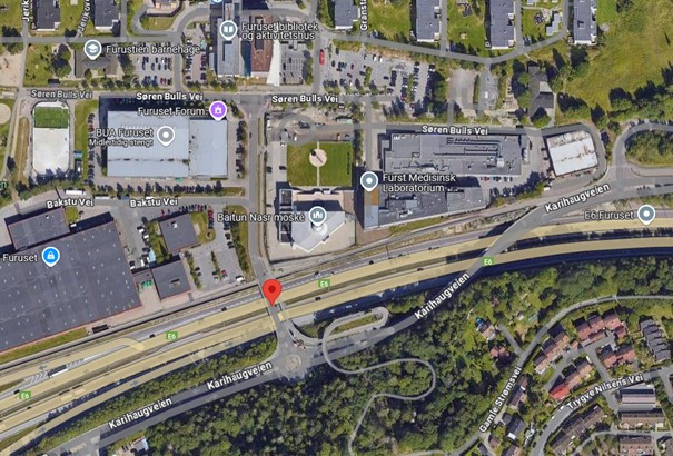 HER BLIR DET ENDRINGER: Brua over E6 til Furuset holder stengt fra neste tirsdag. I stedet vil bilister bli omdirigert videre mot Granstangen. (Skjermdump fra Google Maps).