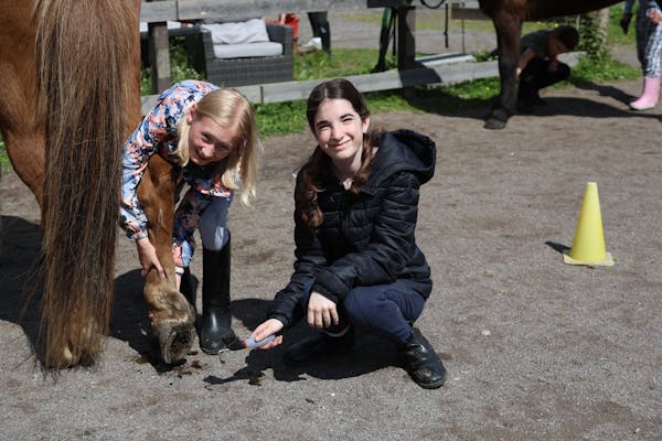 DRIFTIGE JENTER: Olivia og Aylin renser her hesteskoene for søle, som er en av mange opgaver med stallhatten på. (Foto: Tom Evensen)