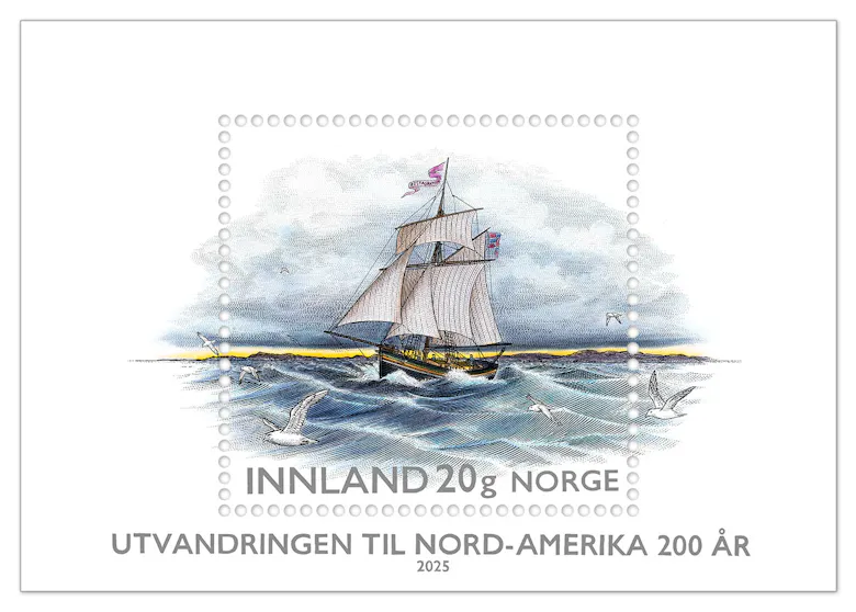 REISENDE FRIMERKE: Det er 200 år siden utvandringen til amerika startet. Det er forøvrig tidligere utgitt andre norske frimerker med tilknytning til nordmenns utvandring. Foto: Posten Norge