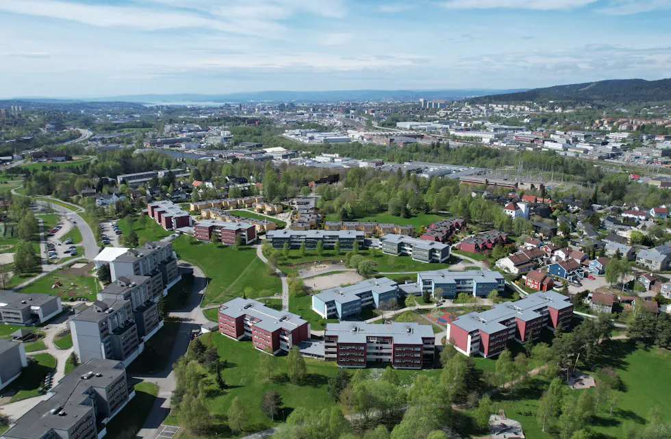 Dronefoto fra Furuset sett ned mot sjøen.(Foto: Øystein Kielland.)