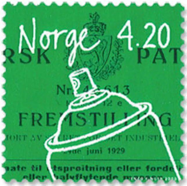 OPPFINNSOMT FRIMERKE: Frimerket som markerer sprayboksen som en norsk oppfinnelse av Erik Rotheim, ble lansert i 2000. Design ved Enzo Finger som viser en tidlig sprayboks og deler av patentdokumentet. Foto: Posten Norge