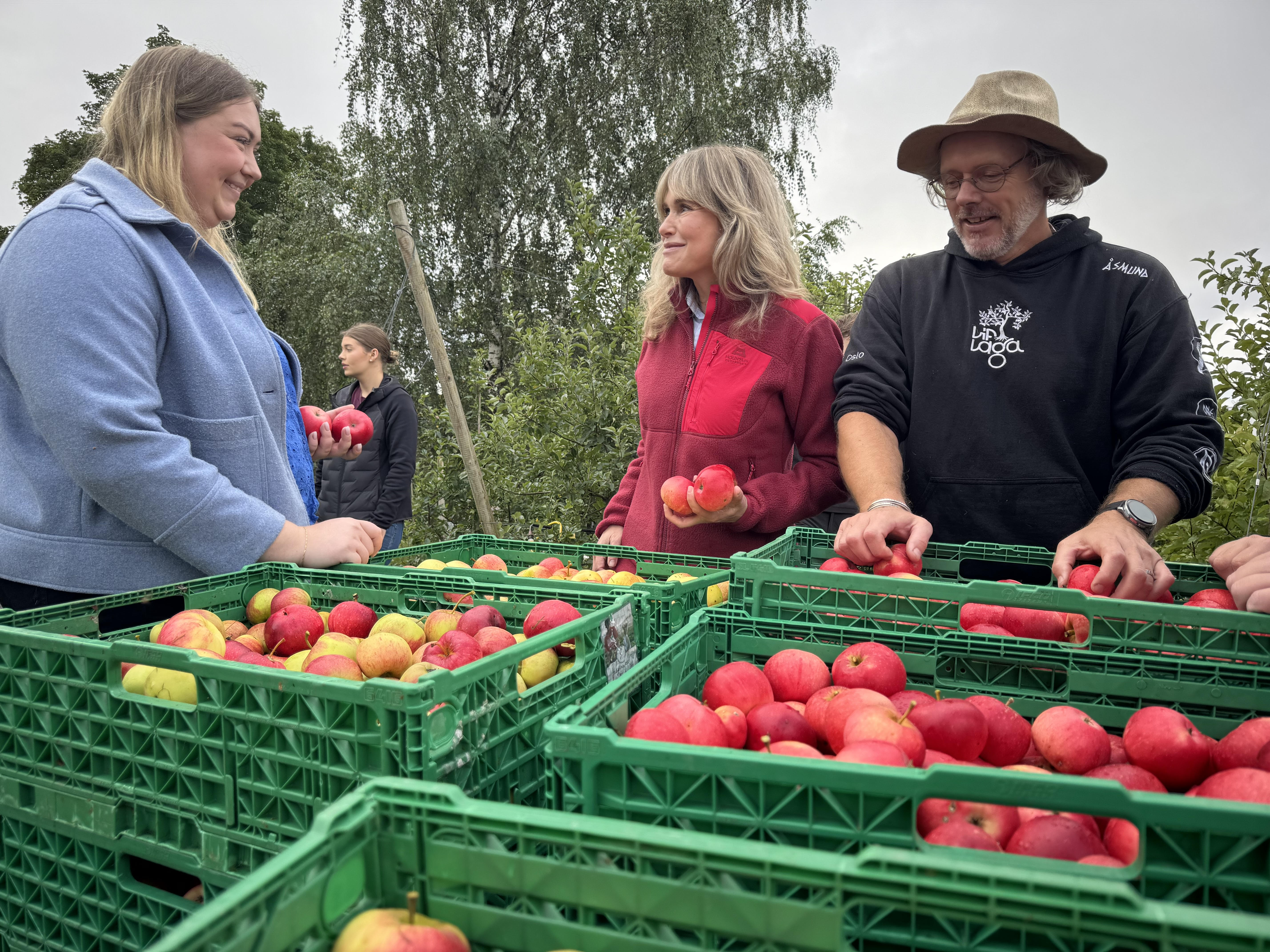 SMAKEN AV GRORUDDALEN: Ordfører Anne Lindbos gjester blir vartet opp med eplemost fra Stovner. Snart får hun påfyll. Her med Julianne Ofstad og Åsmund Gylder.
