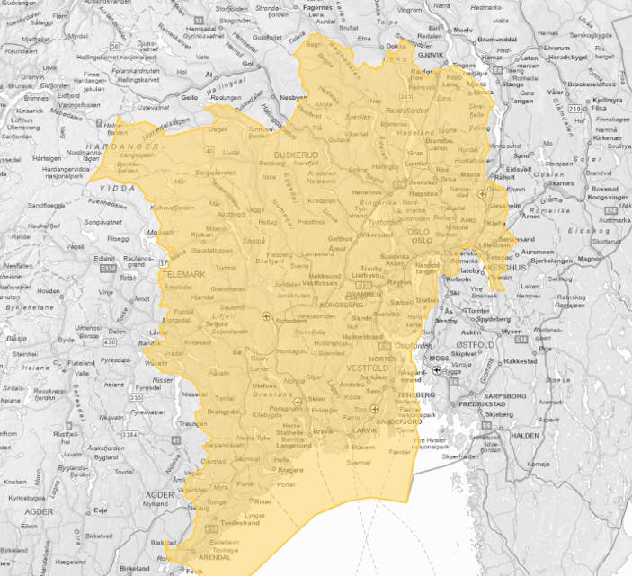 FLOM: Gult farevarsel for flom. Skjermdump: Varsom.no / NVE