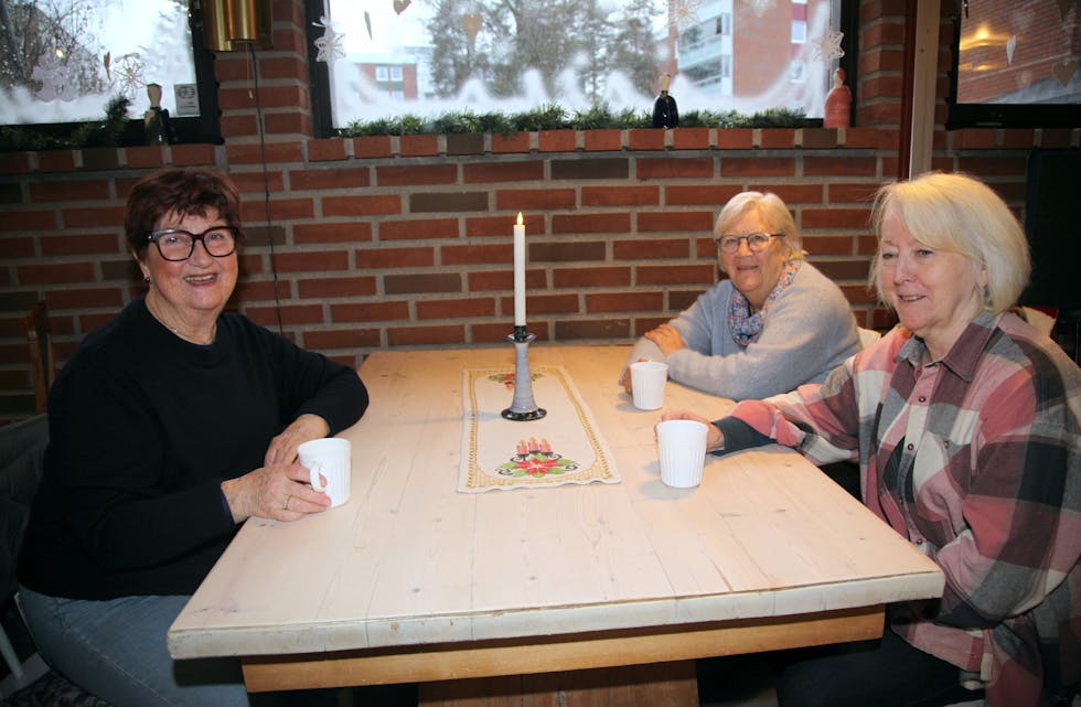 VIKTIG MØTEPLASS: Grethe Jakobsen (f. v.), Else Ivem og Elin Bettvik har til sammen bodd 149 år i Ellingsrud-området. Kulturkjeller'n/julehusets kafé har blitt et fast møtested for dem og veldig mange beboere i området.