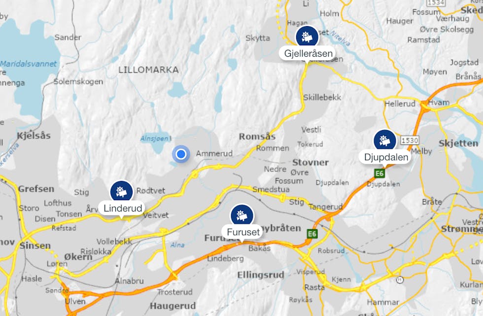 Oversikt over webkameraene som Statens vegvesen drifter ved innfartsveiene til Groruddalen.