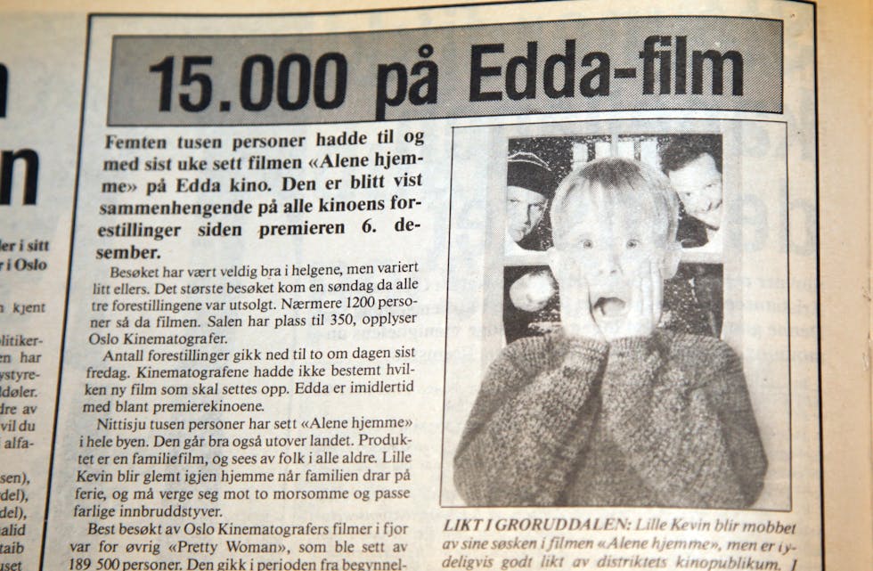 STORT PUBLIKUM: Da den første «Alene hjemme»-filmen kom på markedet i 1990/91 var det mange som fant veien til gode gamle Edda Kino på Kalbakken. Av 97.000 som hadde sett filmen i hovedstaden da Akers Avis Groruddalen skrev om den, hadde 15.000 fått den med seg på Edda.