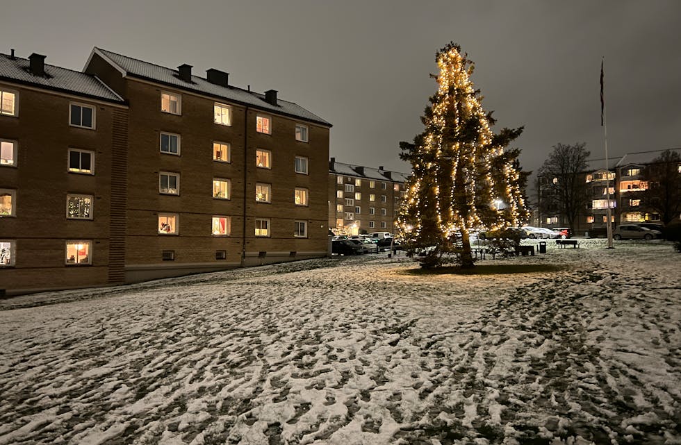 AKERLI BORETTSLAG GLIMTER I ADVENTSMØRKET: Julegrana på tunet i Akerli borettslag sprer varme over snøen, mens lysene fra leilighetene rammer inn stemningen. (Foto: Tom Evensen)