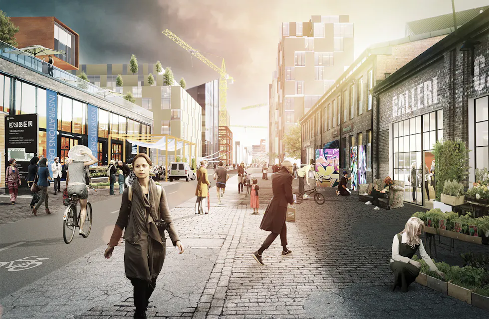 IKKE EGNET: Dette er et illustrasjonsbilde fra Kabelgata på Økern – i enden ligger Haraldrud forbrenningsanlegg – med de to store pipene, og det er i dette området det foreslås å bygge 1000 nye boliger. Det advarer forfatterne av dette innlegget imor. (Ill. Oslo kommune)