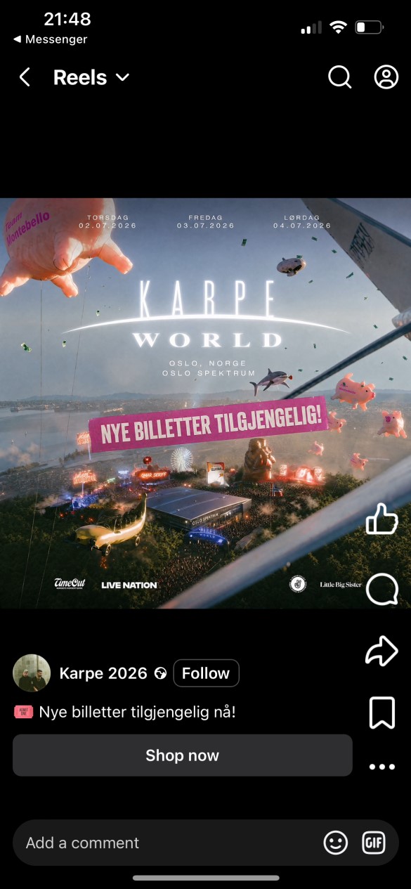 FLERE TILFELLER: Politiet advarer mot falske billetter til Karpe World-konsertene. Den siste tiden har Oslo politidistrikt mottatt flere anmeldelser fra personer som mener de har blitt svindlet gjennom falske annonser på nett og i sosiale medier (Foto: Politiet).