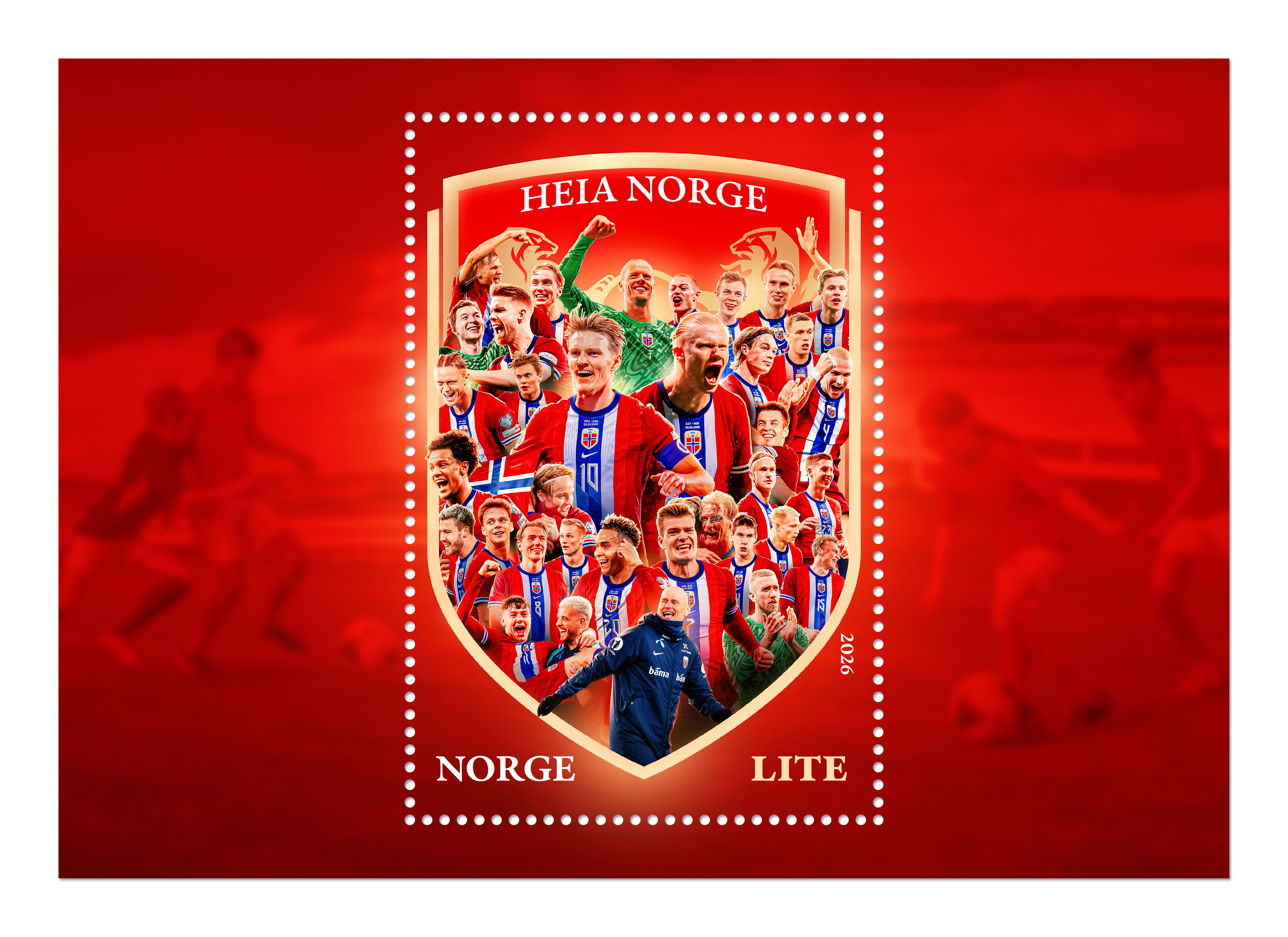 SKIKKELIG FRIMERKEHYLLEST: Posten Bring har anledning til å gi ut frimerker utenfor det ordinære programmet i forbindelse med spesielle hendelser. At Norge for tiden spiller VM i fotball i USA er i høyeste grad god nok grunn til å gi ut dette spesielle miniarket av et frimerke. Foto: Posten Norge