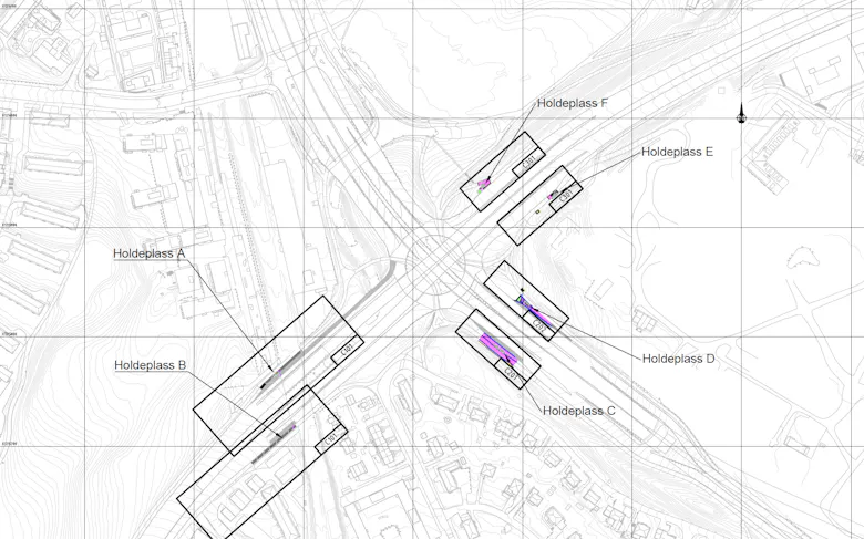 DISSE HOLDEPLASSENE OPPGRADERES: Det er de markerte holdeplassene på kartet som skal gjennom en oppgradering denne høsten. (Illustrasjon: Asplan Viak AS).