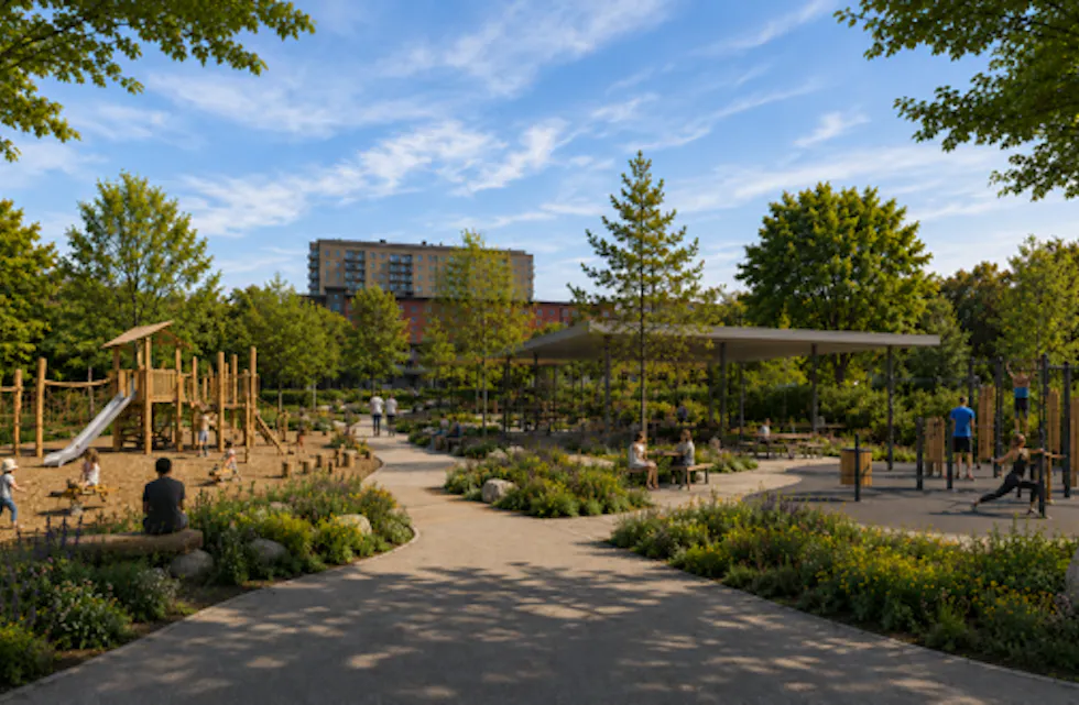 AKTIVITETSPARK: Alle muligheter ligger til rette for at Grorud – med de rette grepene – kan bli verdens beste sted å bo på. Hvorfor ikke en variant av Central Park midt på Grorud? (Illustrasjon: Sunniva Herrestad)