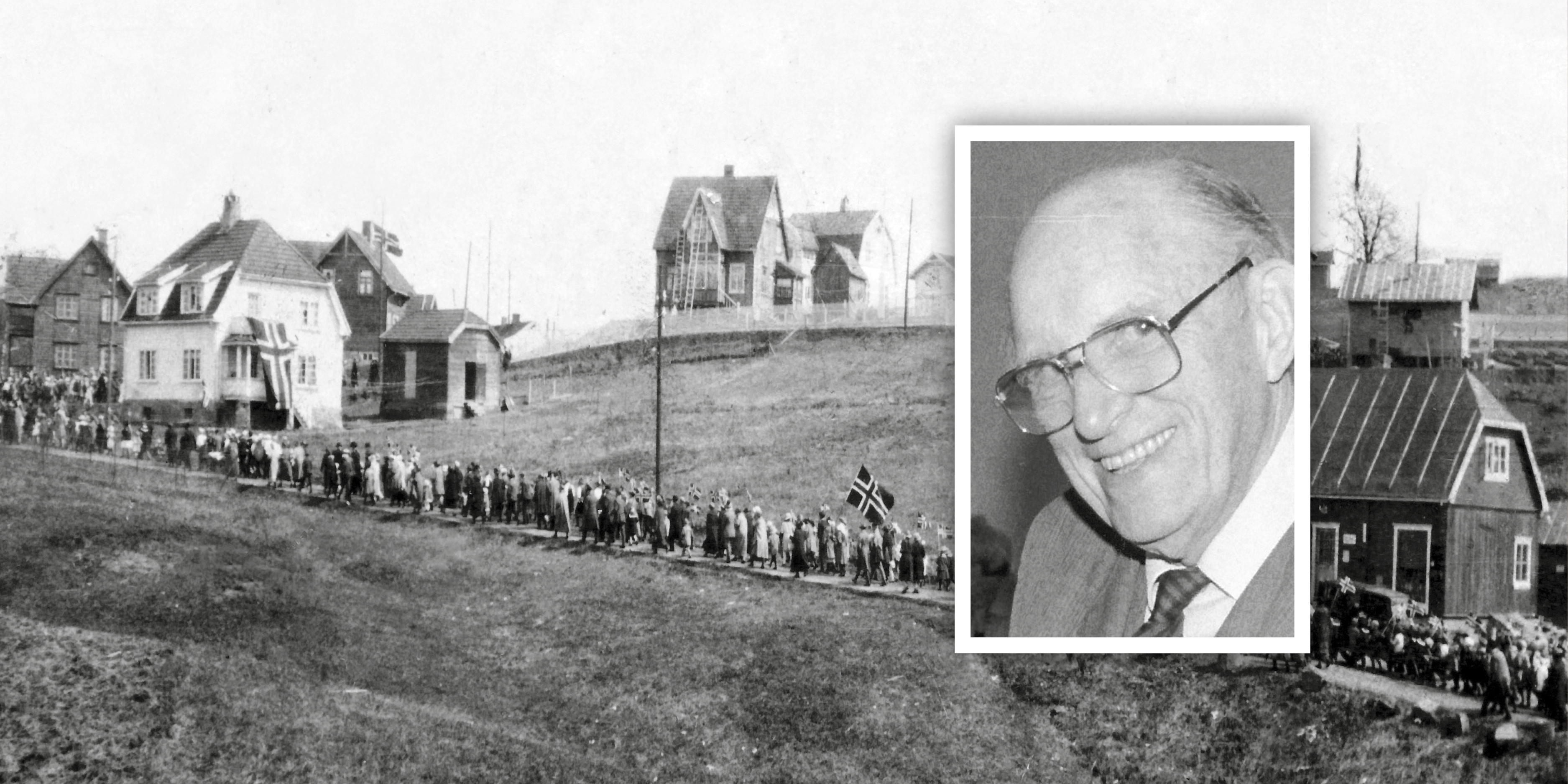 HIPP HURRA! 17. mai-toget i Grorudveien på Furusetsiden i 1924 med Grorud skoles musikkorps i front (Furuset Vel, bilde utlånt fra Vidar H. Noreng). Innleggsforfatteren prost Lorentz Ulrik Pedersen innfelt.