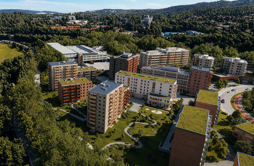 SLIK BLIR DET: Illustrasjonen viser hvordan det blir når det nye boligområdet i Kariaugveien 22 står ferdig. – Gode boliger i et godt bomiljø, skriver prosjektlederen.