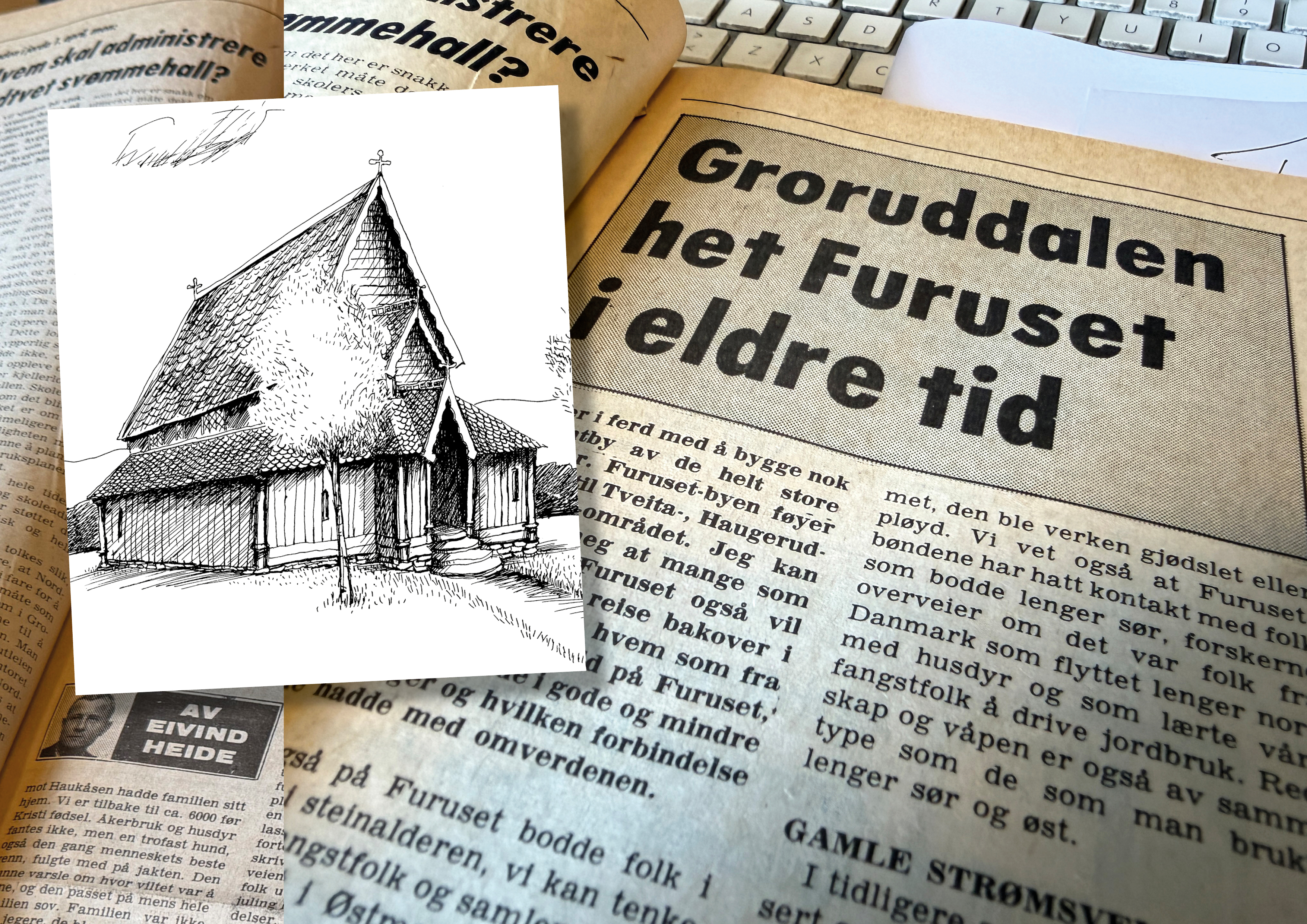 Faksimile fra Akers Avis Groruddalen 17. januar 1975. Artikkel skrevet av Eivind Heide. Tegning av Middelalderkirken på Furuset, slik den kan ha sett ut.
