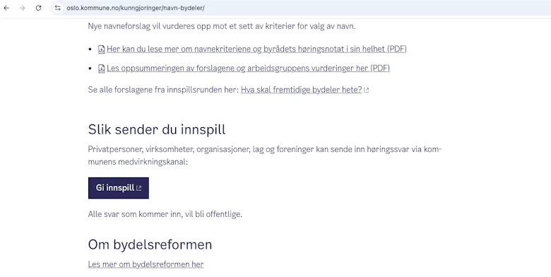 KLIKK HER: Når du er klar for å sende inn ditt høringssvar, klikker du på den blå boksen. Da kommer du inn på en nettside der du logger deg inn.