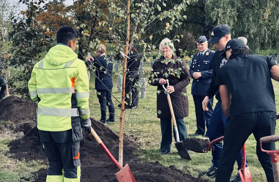 NYE TRÆR PÅ GAMMEL GRUNN: Tyskland ambassør, med god hjelp fra blant annet Lif Laga, plantet nye trær på den tyske krigskirkegården på Alfaset.